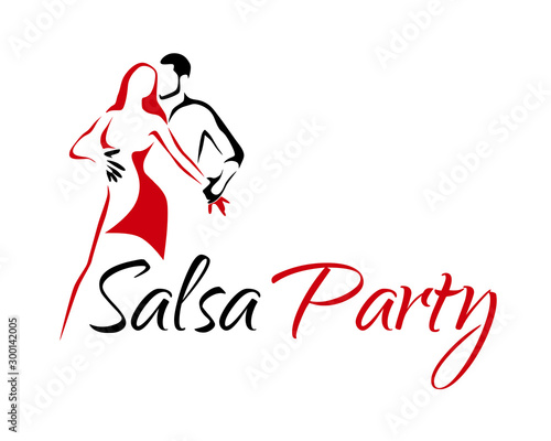 Salsa latino dance logo. Dancing couple man and woman vector illustration, icon for dancing school, party, lessons