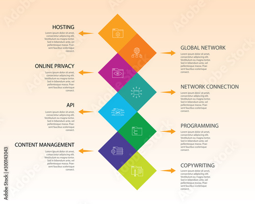 Web Development Infographics vector design. Timeline concept include key search, hosting, seo icons. Can be used for report, presentation, diagram, web design