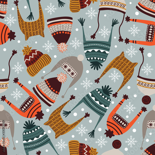 winter seamless pattern with hats and snowflakes - vector illustration, eps