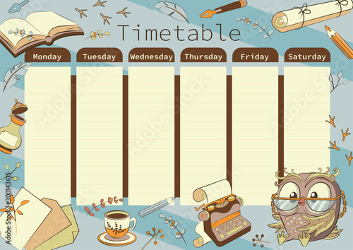 School timetable with a cute wise owl. For schoolchildren, students, teachers.