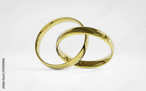 gold wedding rings on white background 3d render illustration