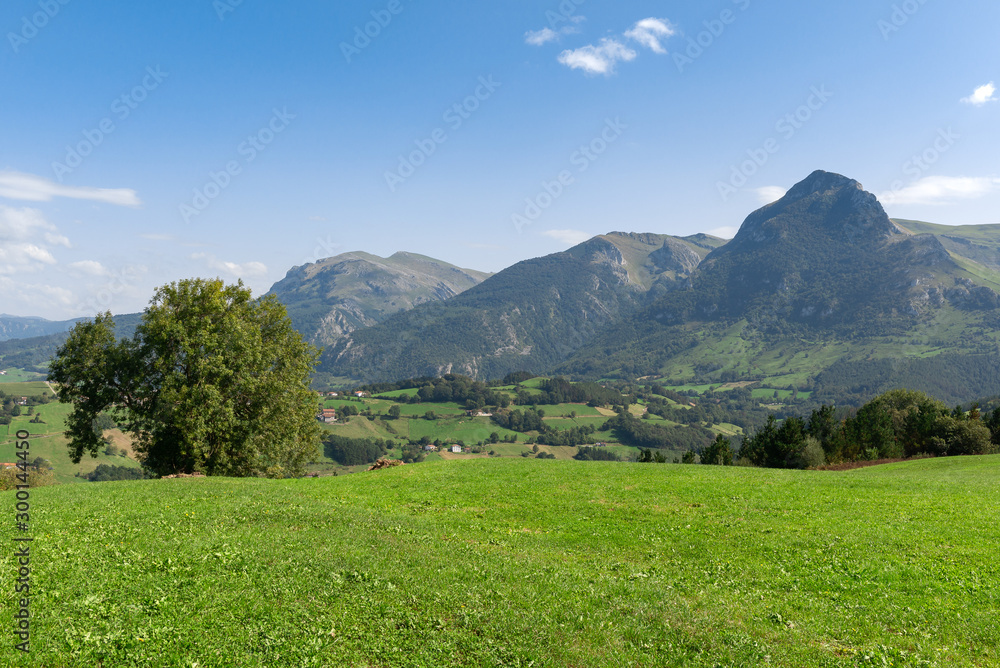 Panorama of Goierri from Lazkaomendi with Txindoki mountain as background, Basque Country, Spain