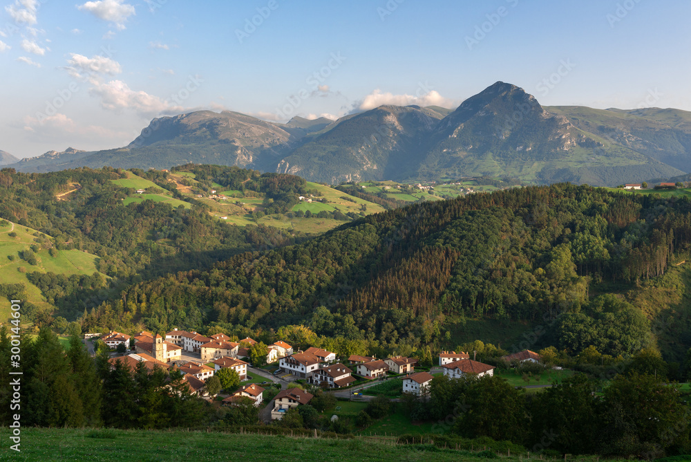 Baliarrain village in Goierri with Txindoki mountain as background, Basque Country, Spain