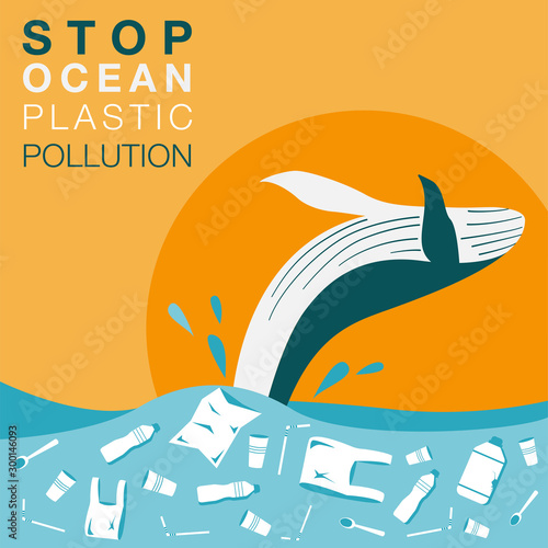 Stop ocean plastic pollution. Ecological poster with lettering. Whale jumping out of water full of trash. Ocean pollution vector illustration. Rubbish in a whale Ecological poster. Vector