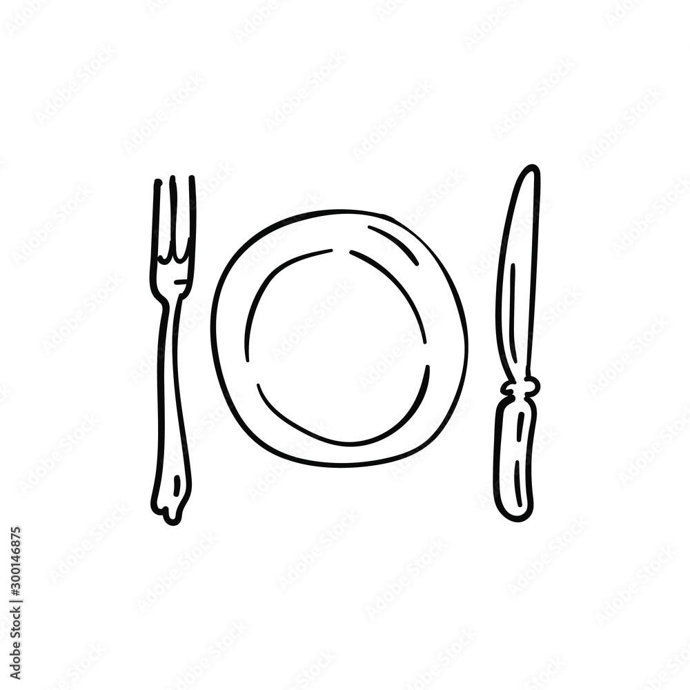 Plate, dish with fork and knife icon. Hand drawn doodle drawing. Plate, dish with fork and knife icon. Hand drawn doodle drawing.