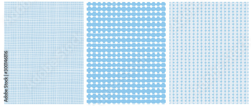 Pastel Color Hand Drawn Childish Style Vector Patterns.White Horizontal Stripes, Tiny Grid On a Blue Backround. White Dots and Lines on a Light Blue Layout. Cute Simple Geometric Vector Prints.