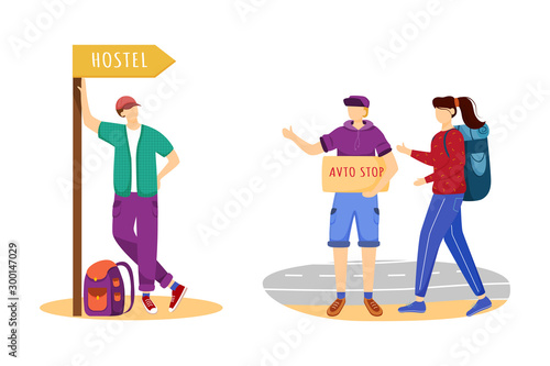 Hitchhiking flat vector illustration. Cheap travelling ideas. Staying in hostel. Stopping car for ride. Trip ideas for youth. Budget tourism isolated cartoon character on white background