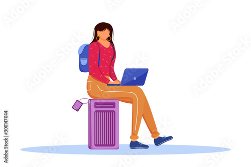 Using laptop during trip flat vector illustration. Booking hotel online. Working as freelancer while travelling abroad. Voyage preparation isolated cartoon character on white background