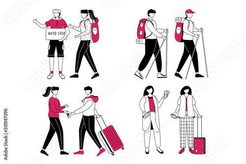 Budget tourism flat contour vector illustration set. Cheap travelling ideas isolated cartoon outline character on white background. Couchsurfing and hitchhiking. Getting ready for trip simple drawing