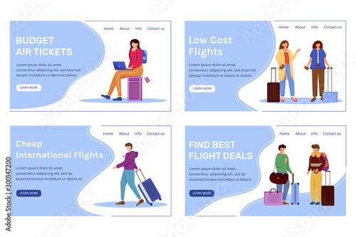 Budget tourism landing page vector template set. Best travel deals website interface idea with flat illustrations. Low cost flights homepage layout. Cheap tickets web banner, webpage cartoon concept