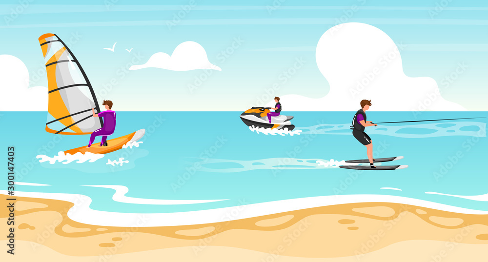 Water sports flat vector illustration. Windsurfing, water skiing experience. Sportsman on water scooter active outdoor lifestyle. Tropical coastline, turquoise waterscape. Athletes cartoon characters