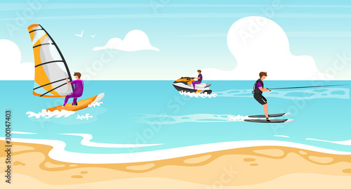 Water sports flat vector illustration. Windsurfing  water skiing experience. Sportsman on water scooter active outdoor lifestyle. Tropical coastline  turquoise waterscape. Athletes cartoon characters