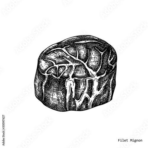 Fillet mignon  vector illustration. Raw meat top view drawing. Hand drawn short loin cut of beef.  Steak house, meat restaurant menu design element. Food on the grill.