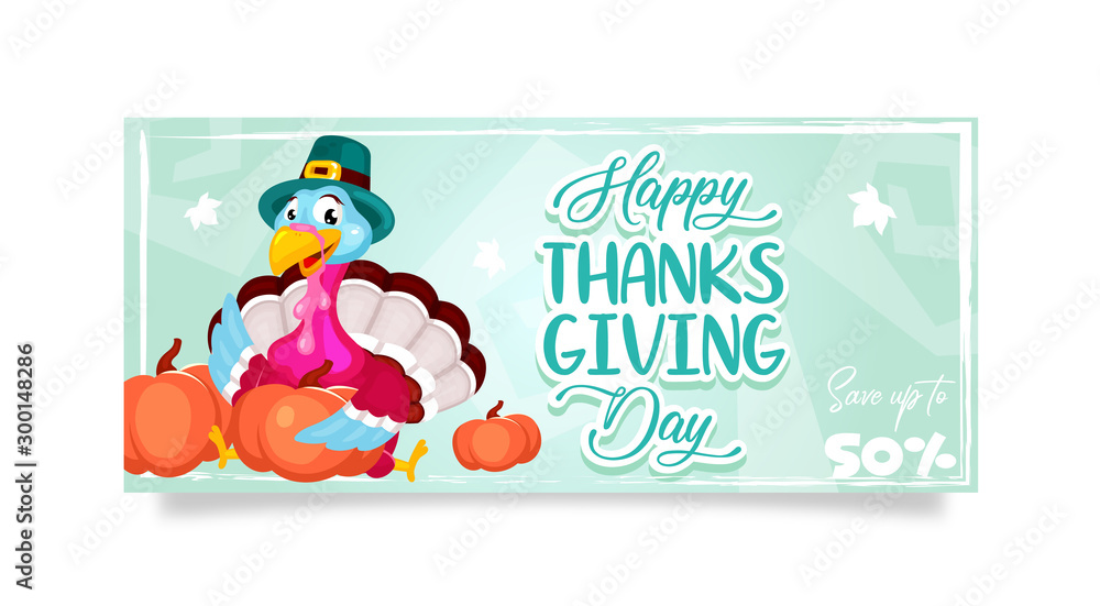 Naklejka premium Happy Thanksgiving day banner flat vector template. Autumn holiday sale. Piligrims turkey with pumpkins isolated cartoon character. Banner, brochure, leaflet design layout with place for text