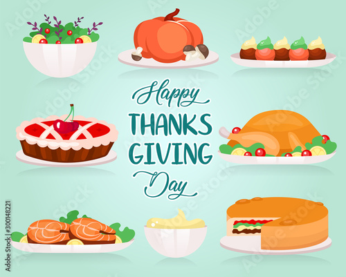 Happy Thanksgiving flat greeting card vector template. Different types of holiday dishes. Turkey and cherry pie. Postcard design with cartoon illustrations. Banner, poster layout with typography