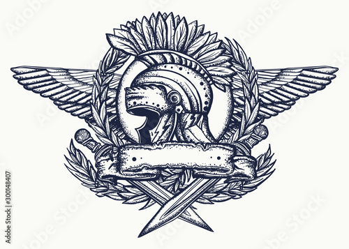 Spartan helmet, wings, crossed swords and laurel wreath. Ancient Rome tattoo. Gladiator art. Old Italian history. Symbol of war, courage, strength
