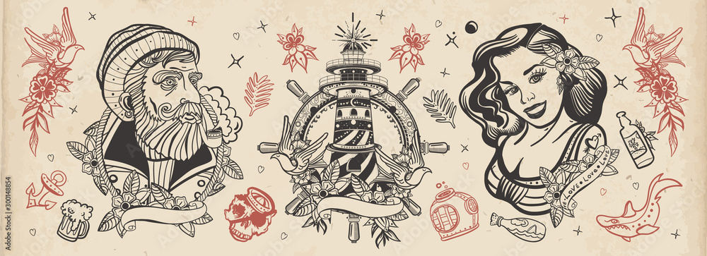 Sea adventure vintage collection. Old school tattoo. Sea wolf captain, sailor girl, lighthouse, anchor, shark and steering wheel. Traditional tattooing style. Marine elements
