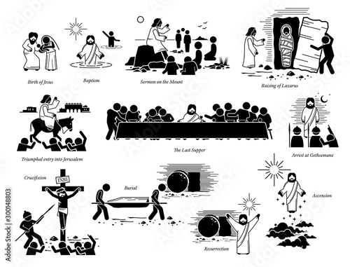 Life of Jesus Christ and important key events. Artwork of birth of Jesus, baptism, sermon on the mount, raising Lazarus, entry to Jerusalem, the last supper, crucifixion, resurrection, and ascension.