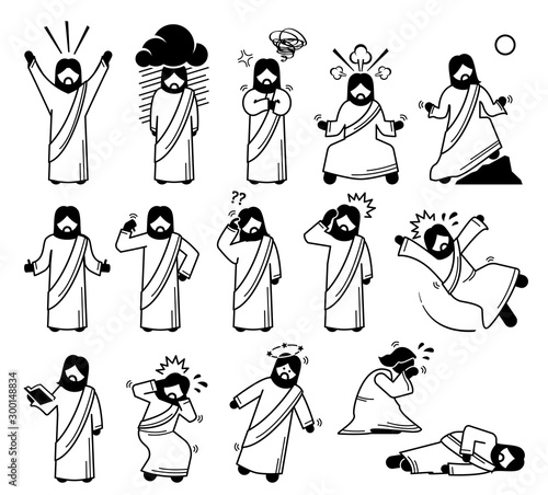Jesus Christ emotions, feelings, expressions, and actions in icons pictogram. Stick figure of Jesus Christ feeling happy, sad, and angry. Other actions are thumb up, face palm, reading, cry, and fell.