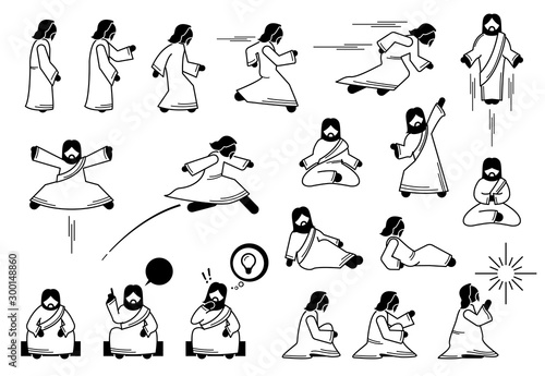 Jesus Christ basic action postures and poses in icon pictogram. Stick figure set of Jesus Christ character standing, running, jumping, meditating, flying, levitate, sitting down, and praying.