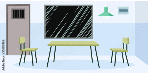 Interrogation room at the police station, an empty crime interrogation room with a table and two chairs and a glass window, a door, a place for interrogation of detainees. Vector illustration