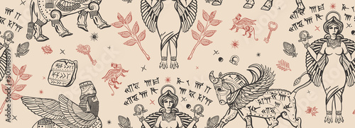 Ancient Sumerian Civilization. Vintage seamless pattern. Old school tattoo style. Assyrian culture. Gilgamesh legends. Middle East history background. Mesopotamian goddess. Cuneiform writing, ziggurat