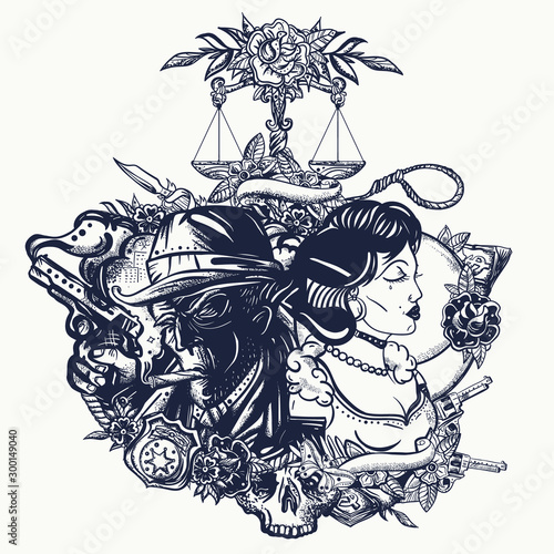 Noir detective and retro woman portrait. Dark crime art. Police inspector and night city. Old movie style. Gangster and criminal girl. Mafia concept. Tattoo and t-shirt design