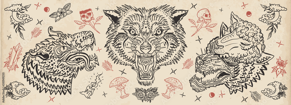 Wolf head. Old school tattoo vintage collection. Werewolf in sheep  clothing. Aggressive wolves traditional tattooing style Stock Vector |  Adobe Stock