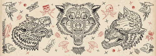 Wolf head. Old school tattoo vintage collection. Werewolf in sheep clothing. Aggressive wolves traditional tattooing style