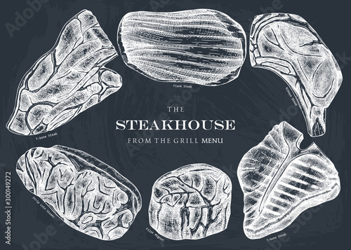 Raw beef steaks vector illustration collection on chalkborad. Raw meat top view drawings. Hand drawn cuts of beef.  Steak house, meat restaurant menu design . Food for grill template.