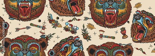 Bear head seamless pattern. Old school tattoo style. Aggressive grizzly background