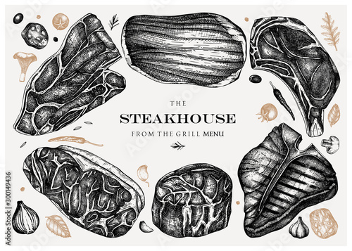 Raw beef steaks vector illustration collection. Raw meat top view drawings. Hand drawn cuts of beef.  Steak house, meat restaurant menu design . Food for grill template.
