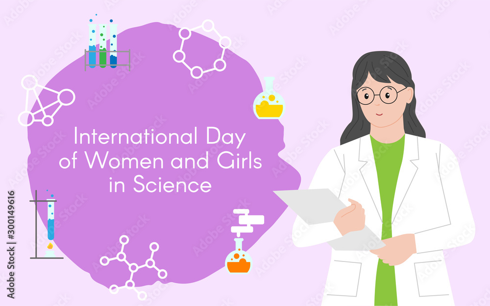 Woman chemist with a folder. International Day of Women and Girls in Science. Woman chemist. Woman scientist. Illustration with the ability to change colors. Flat style. Set of icons. Woman chemist with a folder. International Day of Women and Girls in Science. Woman chemist. Woman scientist. Illustration with the ability to change colors. Flat style. Set of icons.