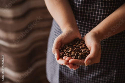 Woman's hands holding coffee beans. The woman is wearing a navy pinafore. Brown background. © Lukasz