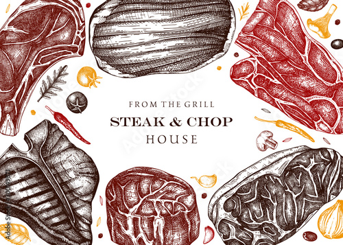 Raw beef steaks vector menu template. Meat top view frame. Hand drawn cuts of beef.  Steak house, meat restaurant menu design . Food for grill background..