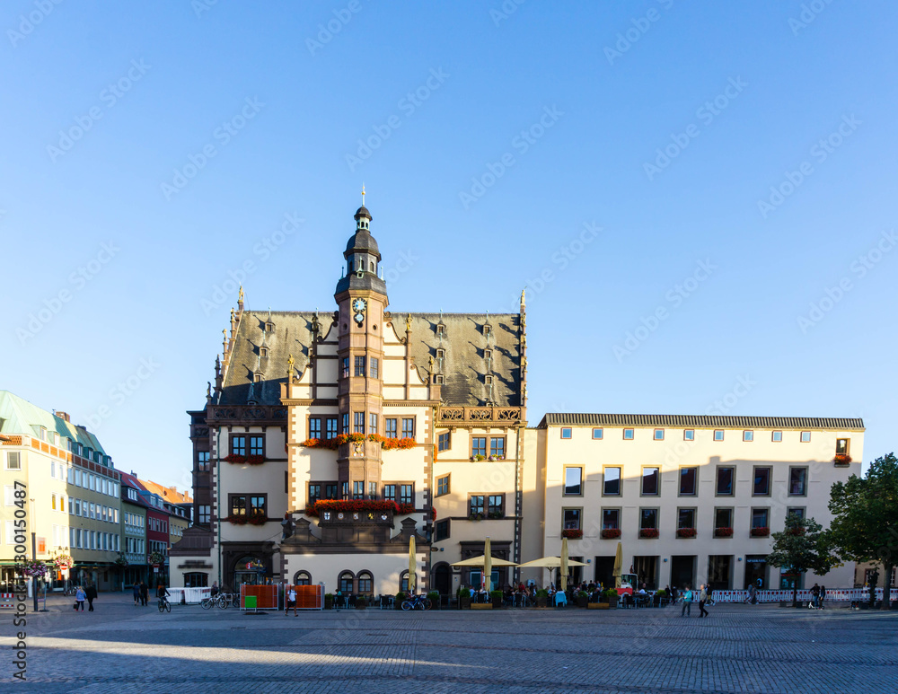 Town Hall and Market Square with fountain in Schweinfurt. Bavaria. Germany