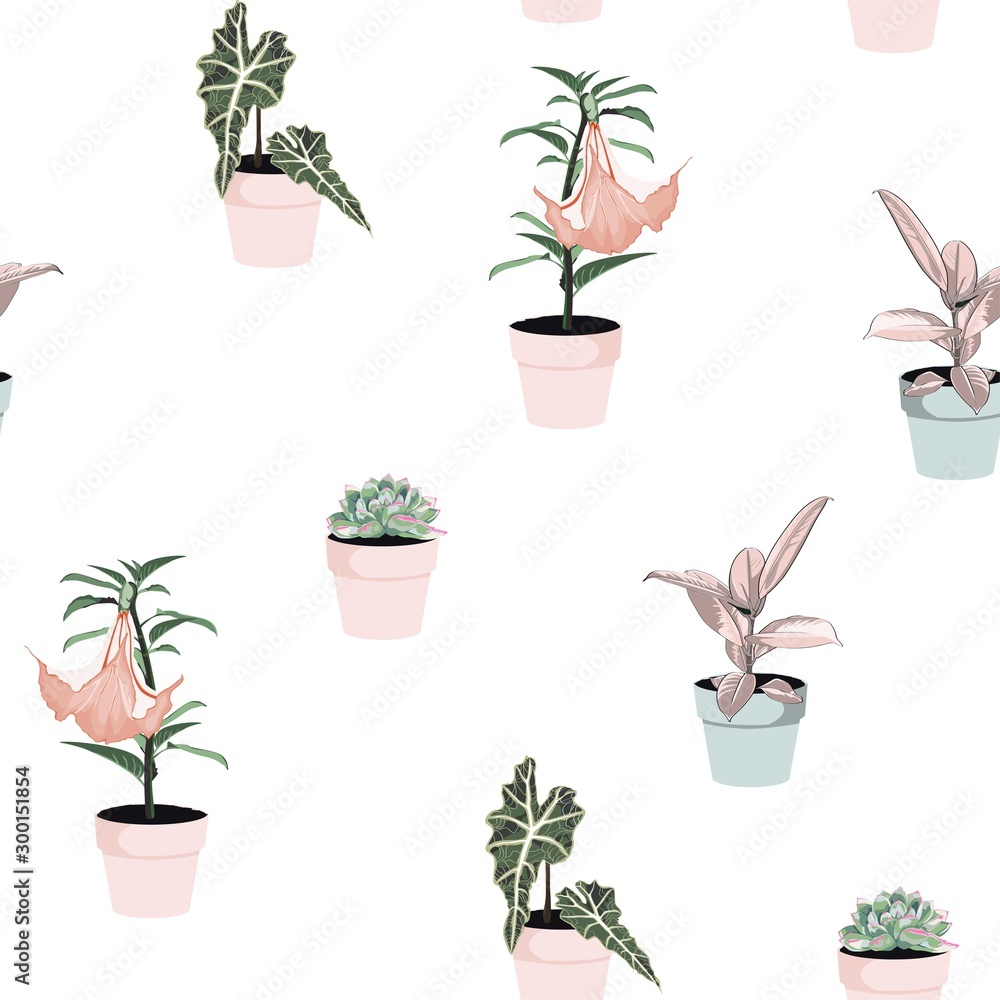 Different green plants in pots seamles pattern for inside and outside. White background. Different green plants in pots seamles pattern for inside and outside. White background.