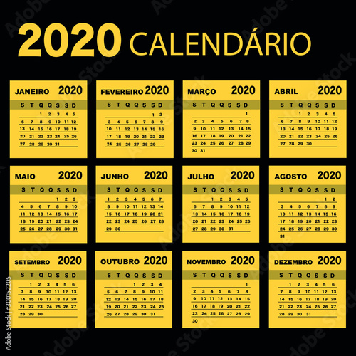 Portuguese calendar 2020 with simple black numbers, week starts on Monday. Vector calendar 2020.