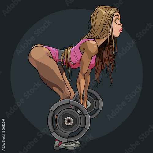 cartoon girl athlete doing deadlift exercise with barbell
