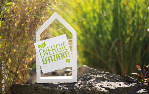 Weißes Haus im Garten mit Schild Energieeffizient!