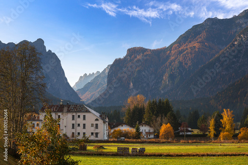 Idyllic scenery of Dolomites mountains at autumn, Italy