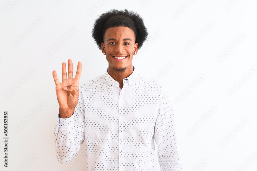 Young african american man wearing elegant shirt standing over isolated white background showing and pointing up with fingers number four while smiling confident and happy. Young african american man wearing elegant shirt standing over isolated white background showing and pointing up with fingers number four while smiling confident and happy.