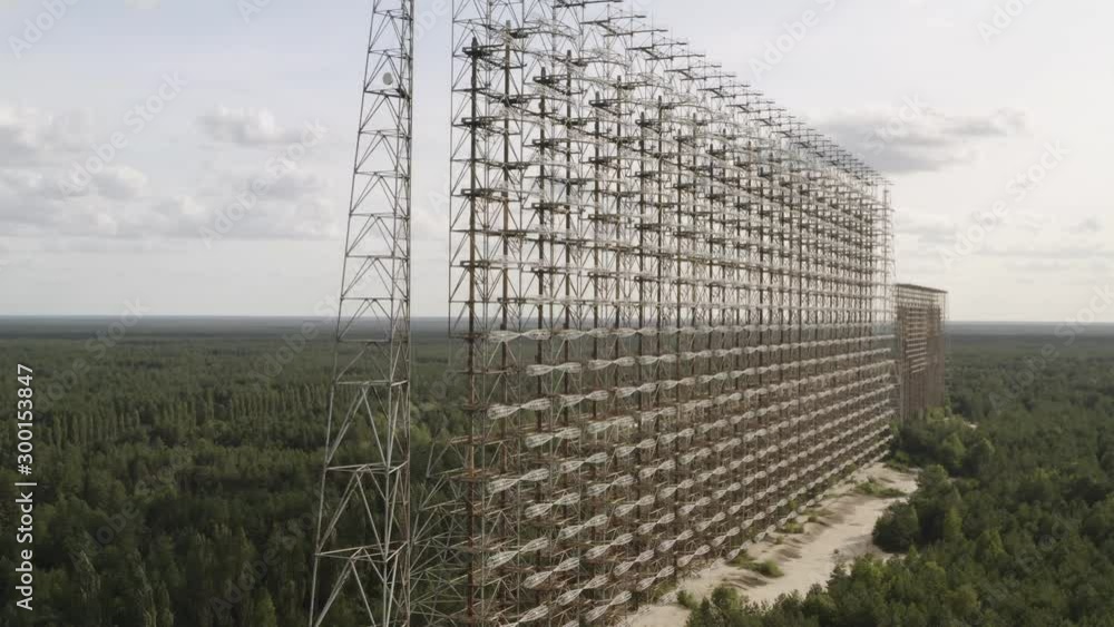 Slow aerial orbit around Chernobyl Duga Radar in forested exclusion zone. Slow aerial orbit around Chernobyl Duga Radar in forested exclusion zone.