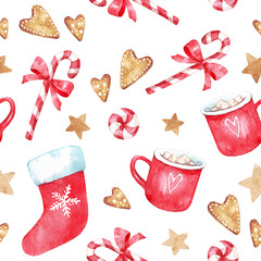 Wandcirkels Aquarel prints patronen Christmas decor, gingerbread cookies,  red christmas sock, candy, cup with marshmallow mug with silver bells. Seamless pattern. Watercolor set isolated on white background.  © BloomPix