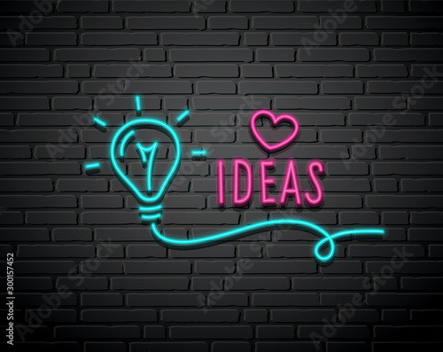 bulb light ideas vector neon light concept design on block wall black background, illustration