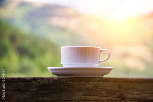 White cup and saucer on a background of nature