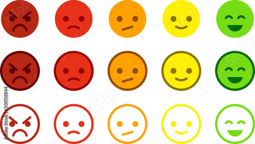 Set of satisfaction scales for voting with colorful smileys buttons.