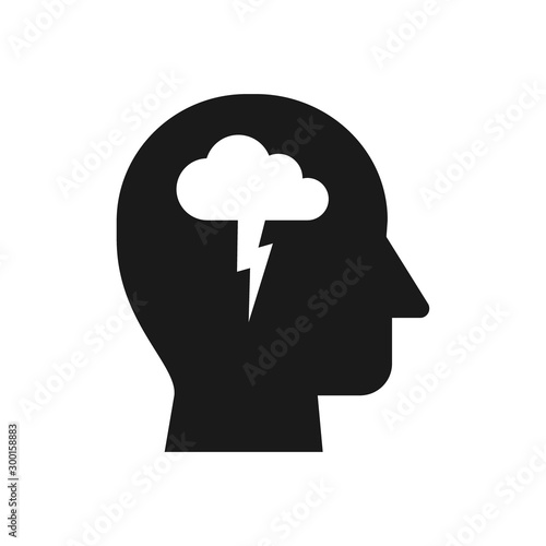 Head with cloud and lighting bolt, brainstorm concept simple vector icon. Brainstorming black glyph symbol.