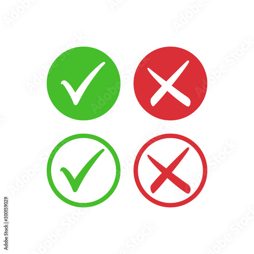 Tick symbol set in red and green circle, checkmark in checkbox vector icons. Yes and no, right and wrong tick check mark with round check box  symbols.