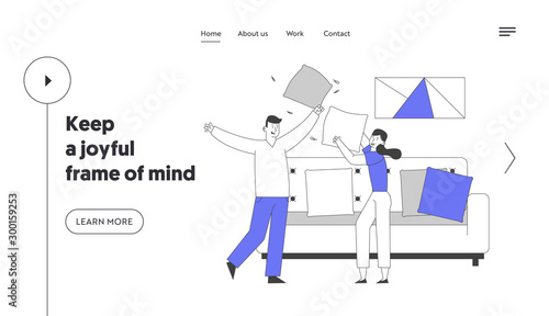 People Fooling and Having Fun at Home Website Landing Page. Loving Couple Jumping on Sofa Fighting with Pillows. Love Enjoying Life Leisure Web Page Banner. Cartoon Flat Vector Illustration, Line Art